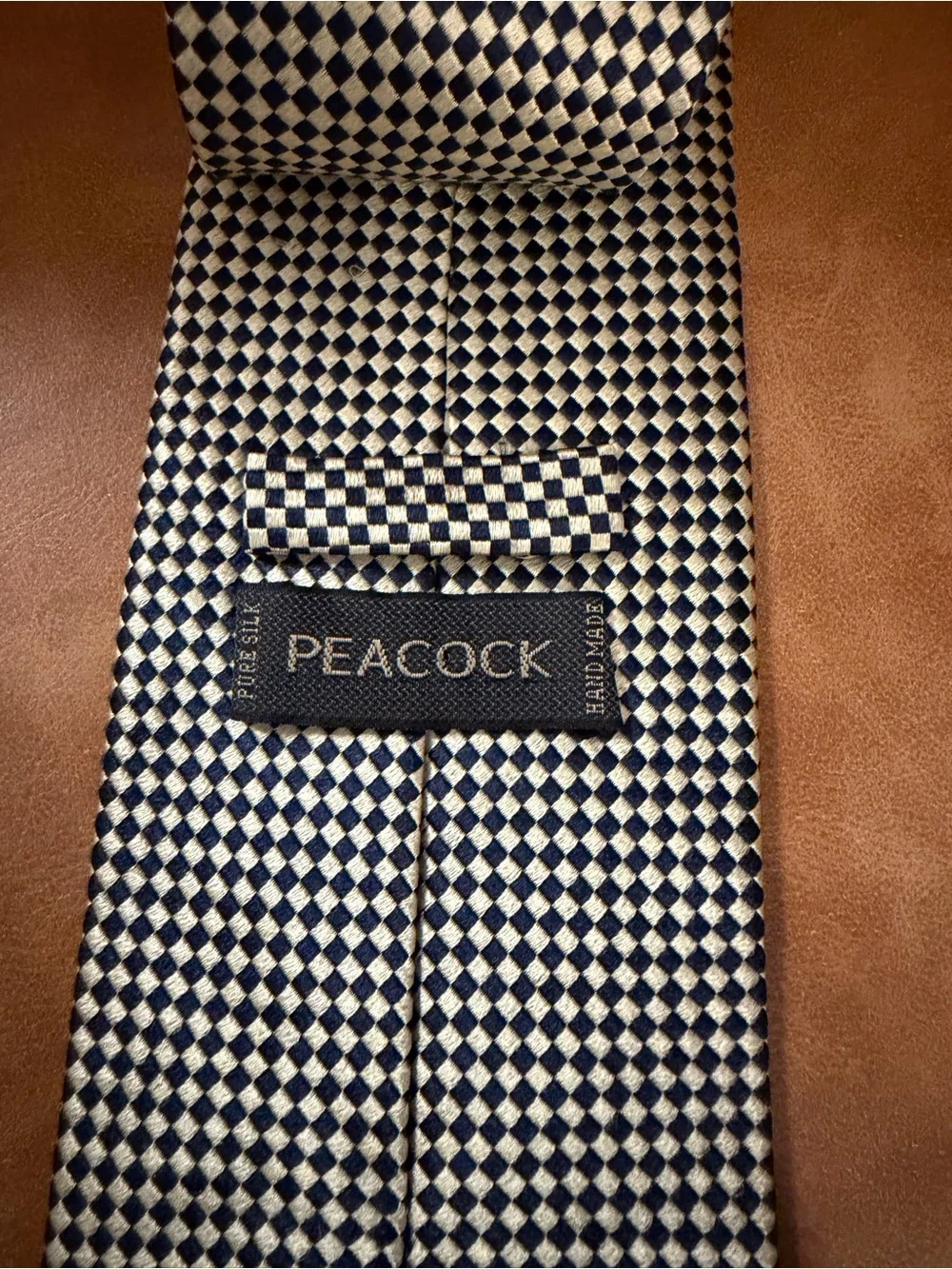 Peacock Pure Silk Handmade Tie in Cream/Gold & Black Grid Parttern